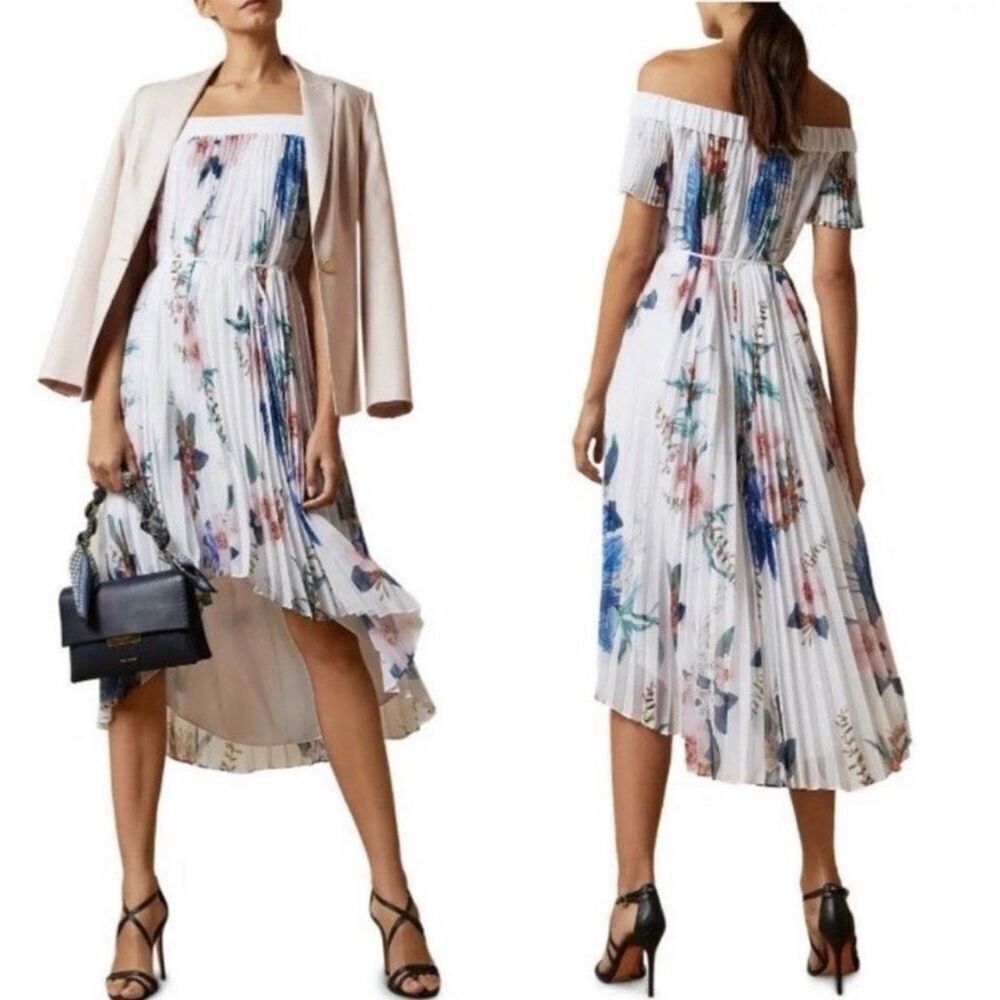 Ted Baker Luner Jamboree Pleated Off Shoulder Hi Low Dress TB 1 US 4